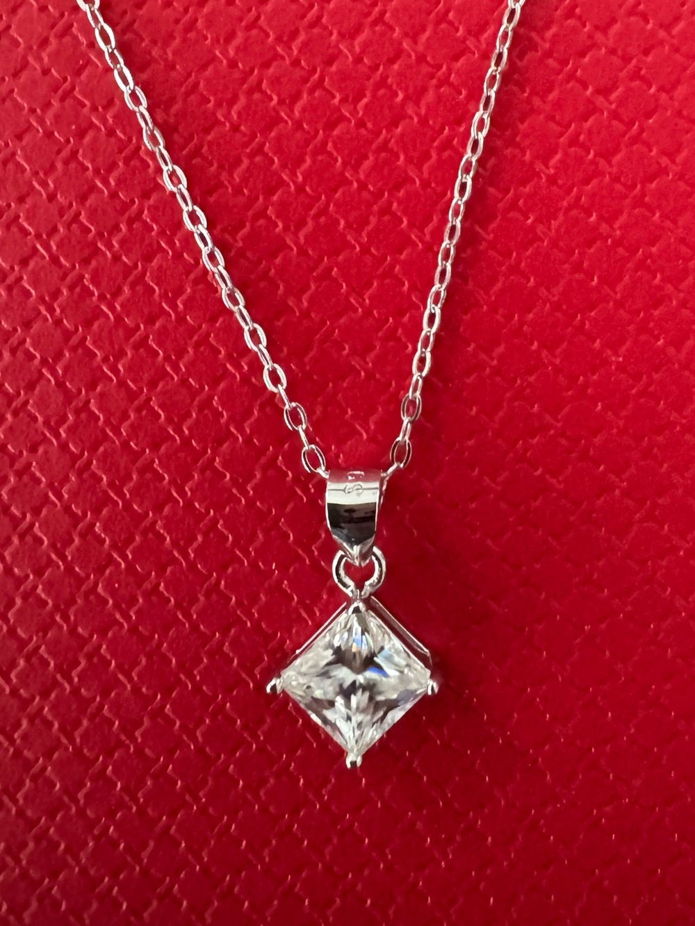 Solid Sterling Silver One Carat Princess  Cut Moissanite Necklace